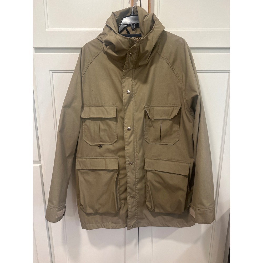 Woolrich Mens VTG Tan Hooded Utility Jacket Coat Multiple Pockets Medium outdoor